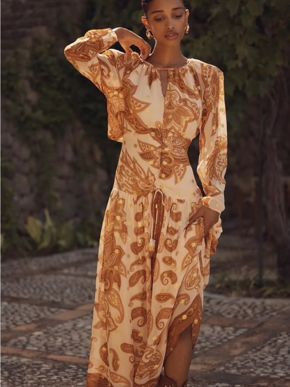 FARM Rio Cream Midi Dress with Brown Paisley Print